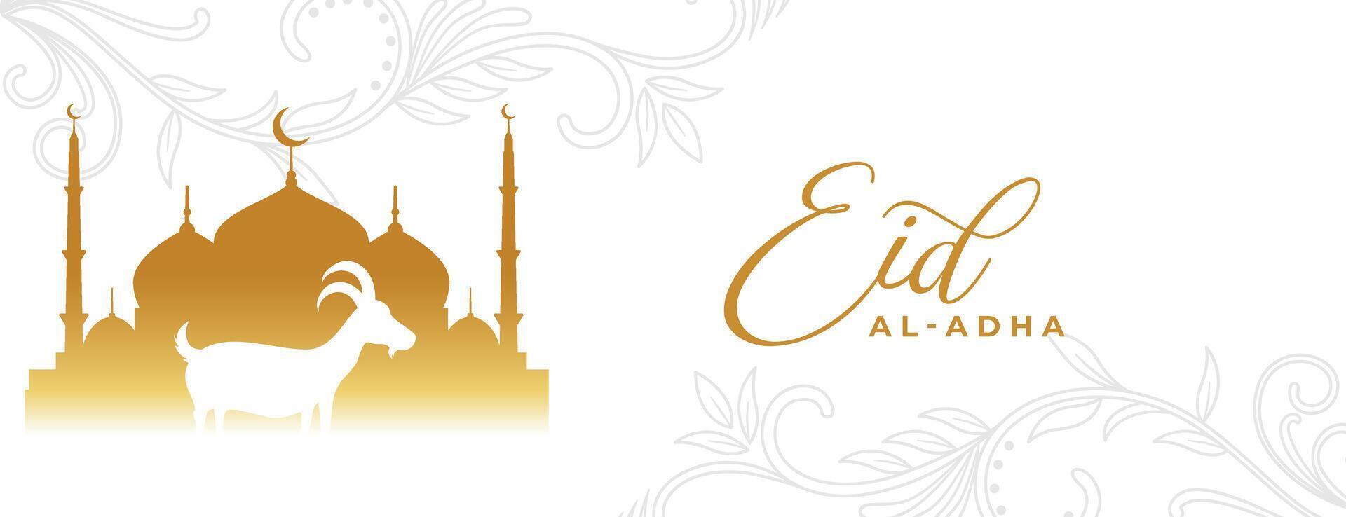 eid al adha mubarak in golden and white banner with mosque and arabic floral design vector