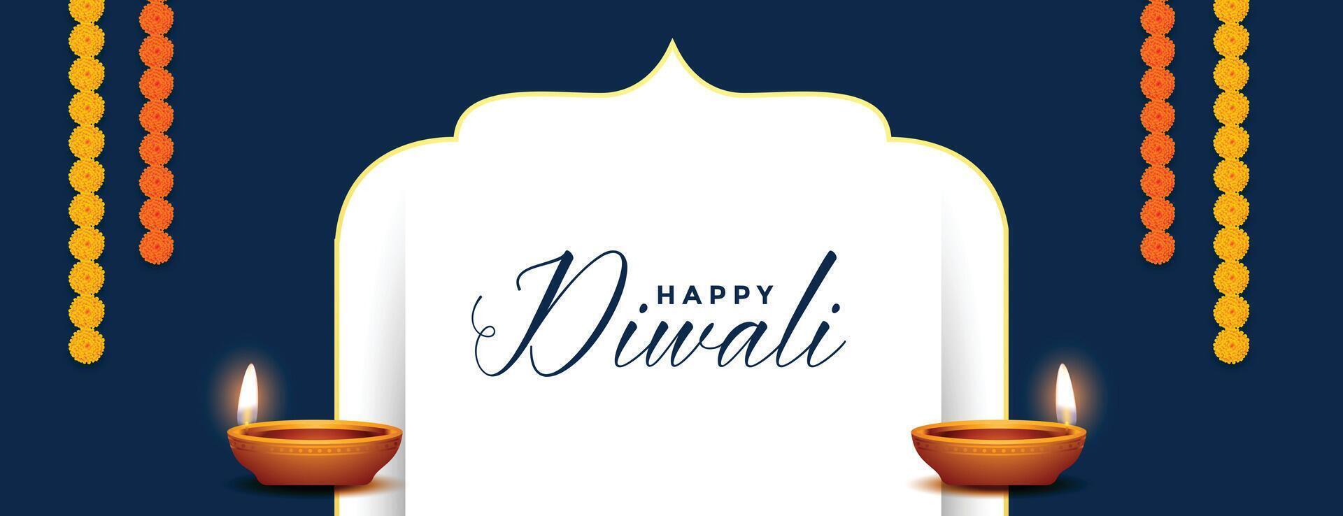 happy diwali banner with diya and flower decoration vector