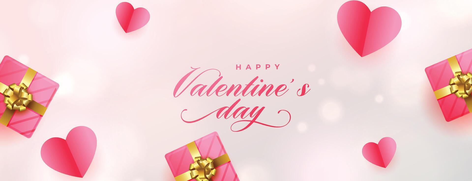 san valentin día romántico bandera con papel corazones y rosado regalo cajas vector