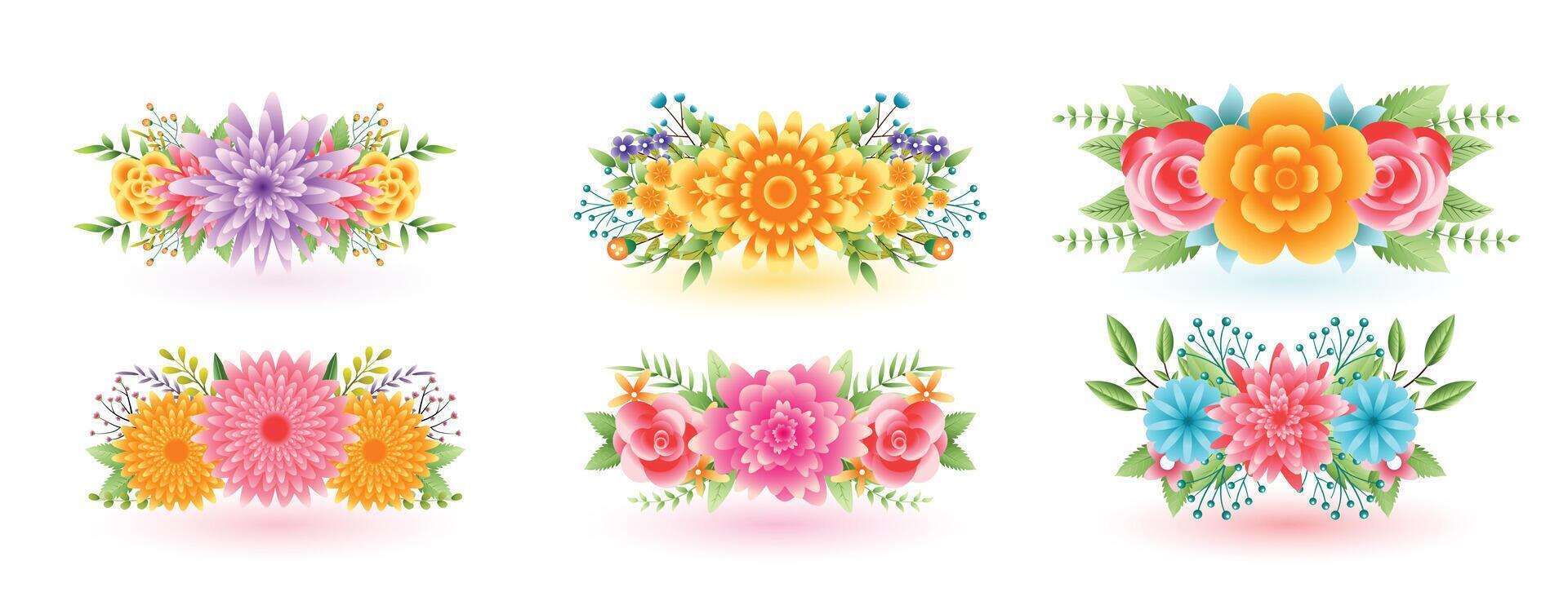 decorative lovely flowers set with leaves design vector