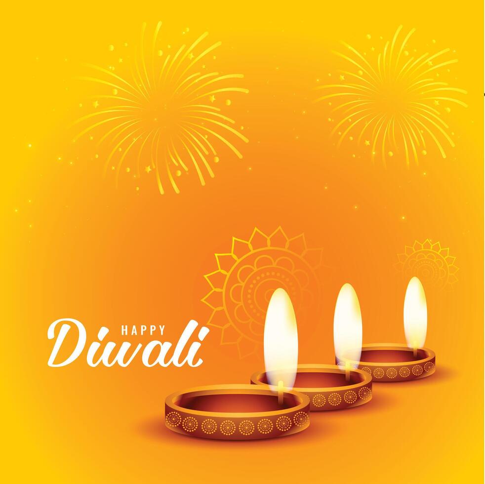 happy diwali fireworks and diya background design vector