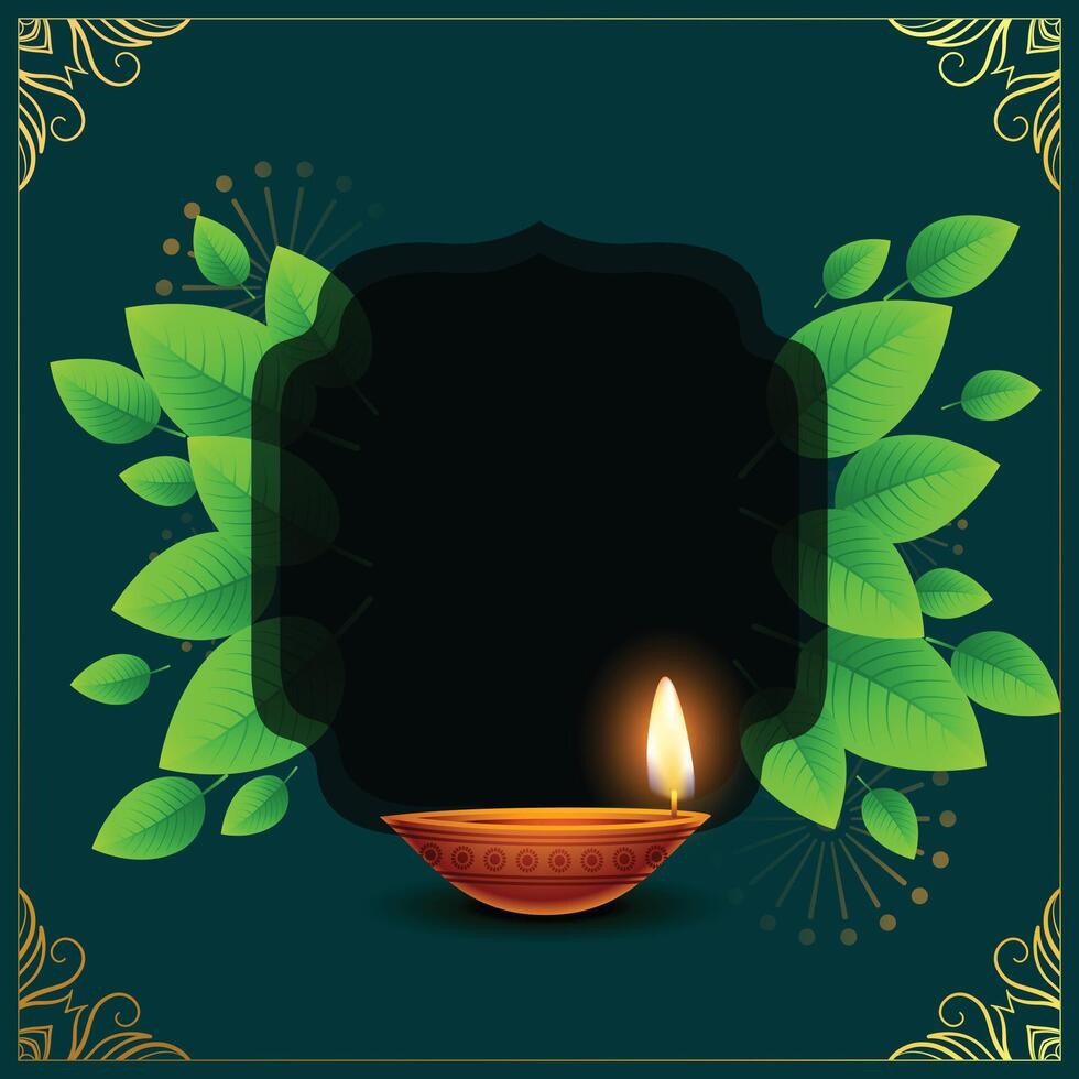 green diwali traditional background with glowing diya and image space vector illustration