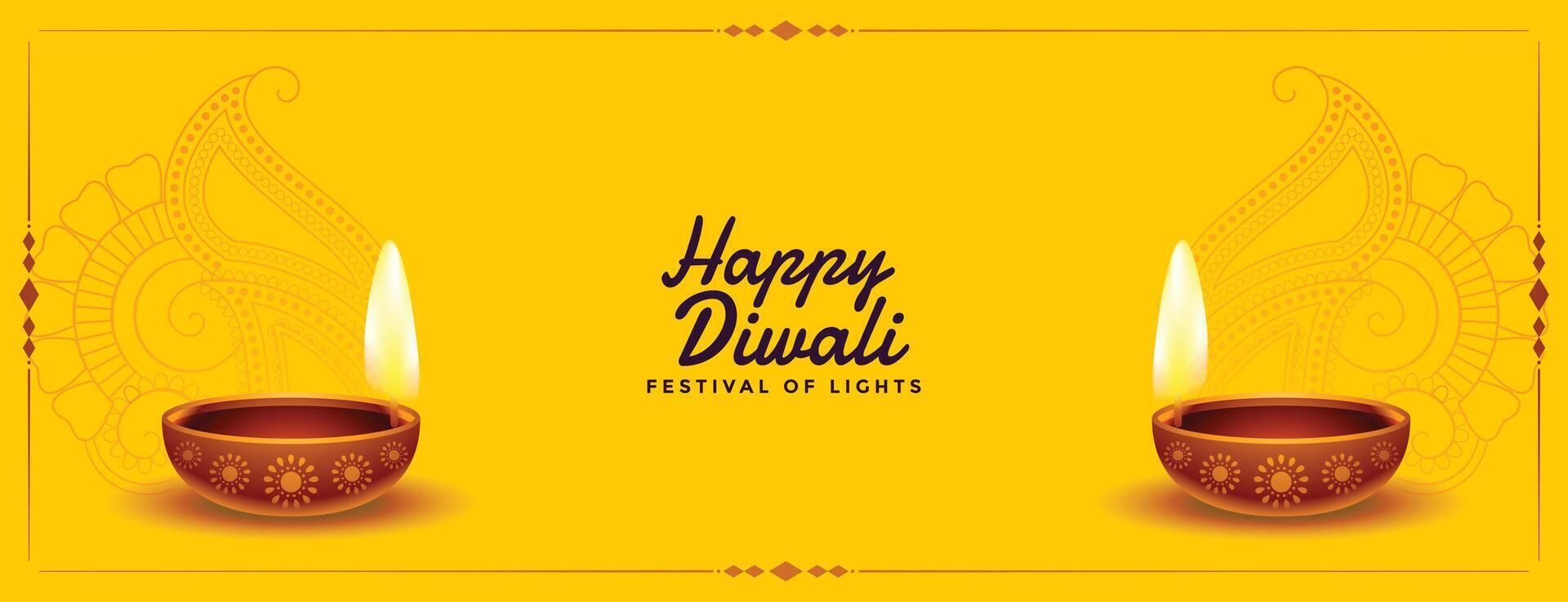 nice happy diwali yellow banner with realistic diya vector