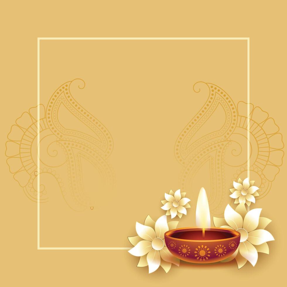 happy diwali background with diya and flowers vector