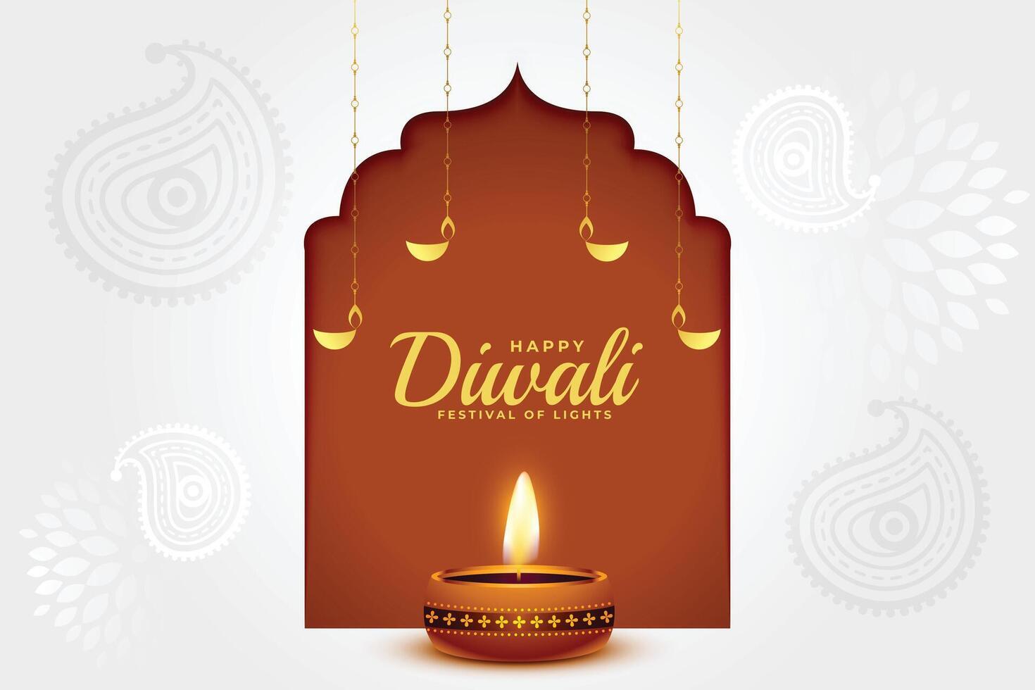 minimal happy diwali template with glowing diya in paisley design vector