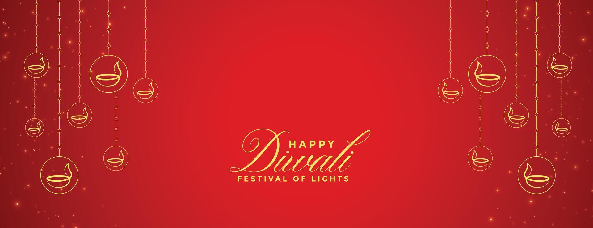 happy diwali red banner with diya decoration vector