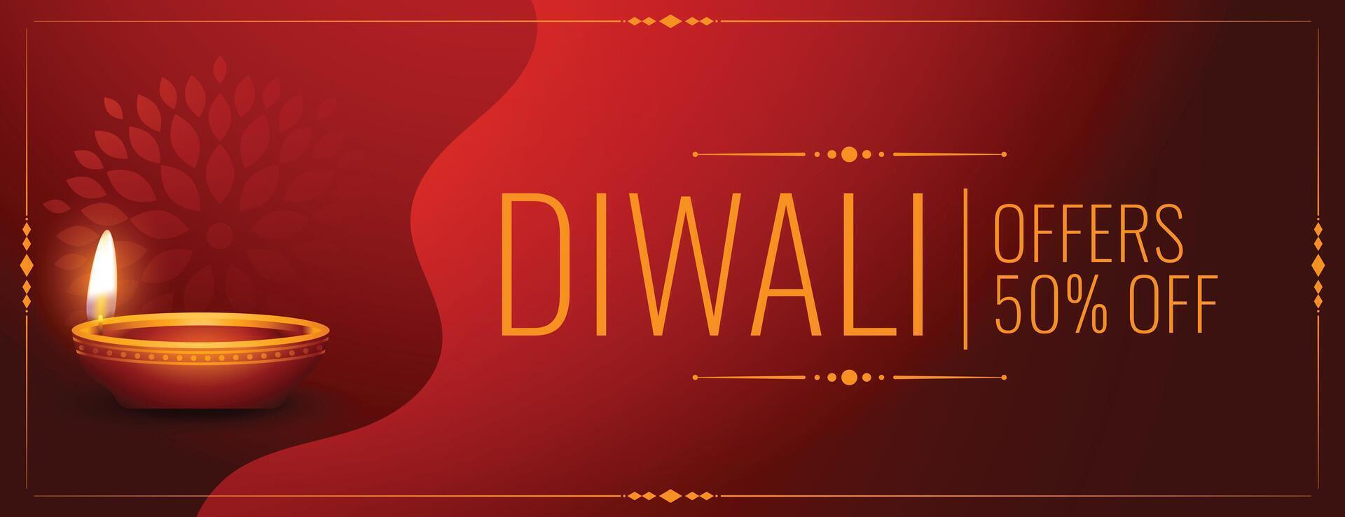 happy diwali offer and discount banner with glowing diya vector