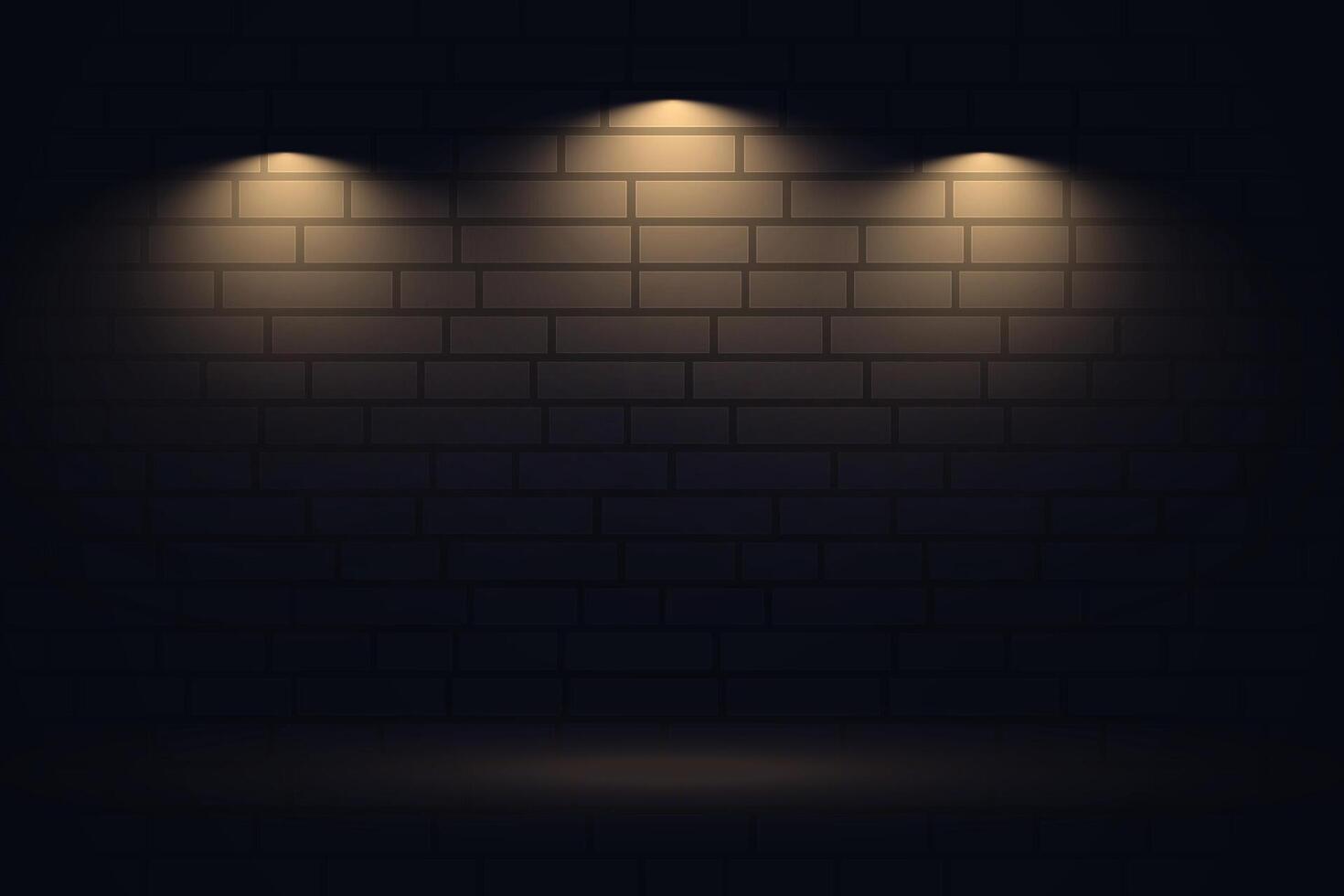 three warm focus light effect on brick wall background vector