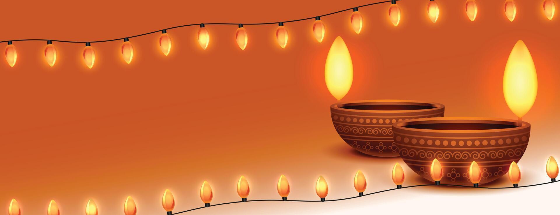 shubh deepavali bandera con verderón luces y diya diseño texto espacio vector