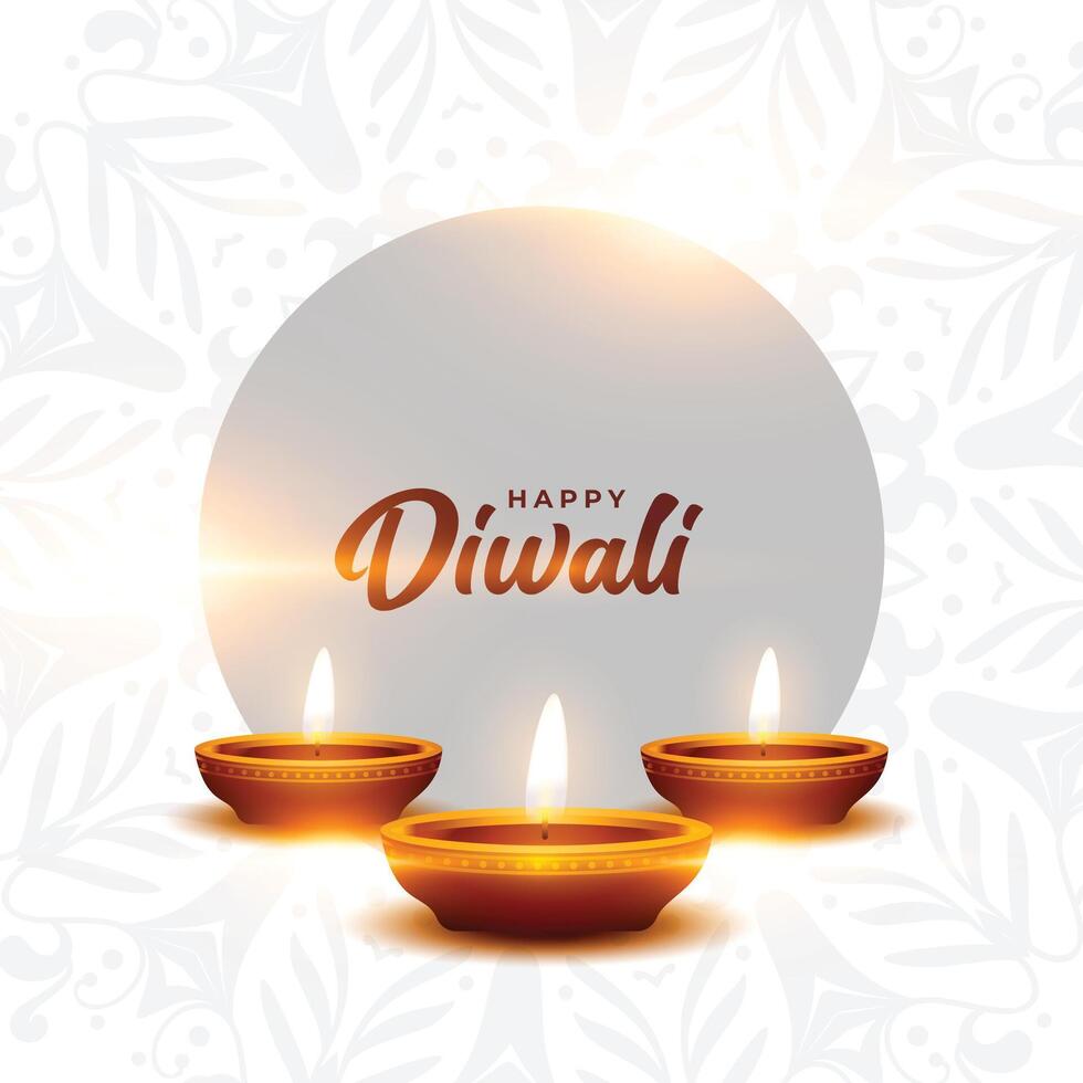 clean white happy diwali greeting card with realistic glowing diya vector illustration