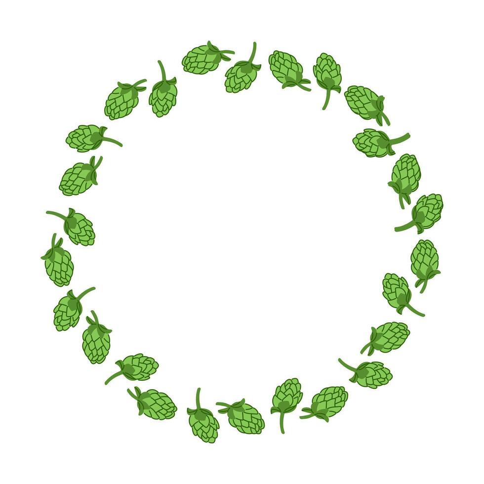 Flat hand drawn hops floral wreath. Beer concept. Isolated vector elements on dark background. St Patricks Day or Octoberfest decoration. Unique print design