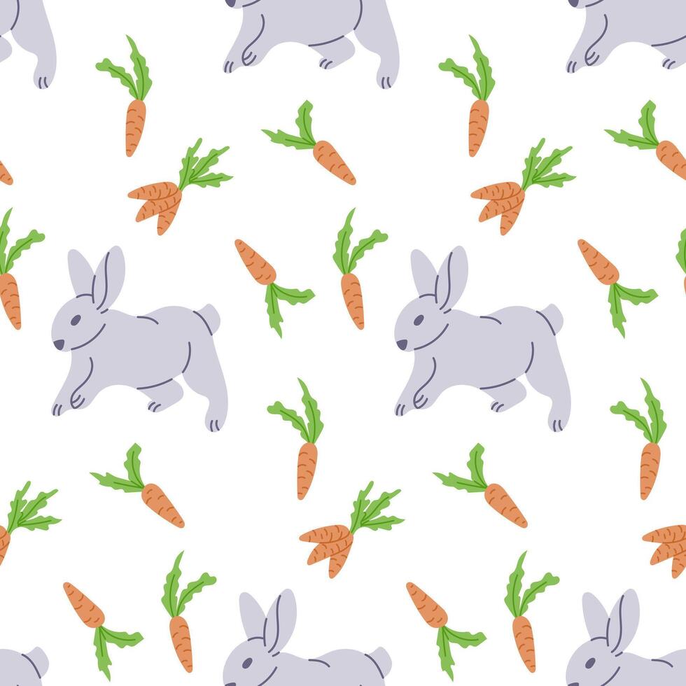 Easter bunny with carrots seamless pattern. Flat hand drawn colored elements on white background. Unique retro print design for textile, wallpaper, interior, wrapping. Easter holiday concept vector