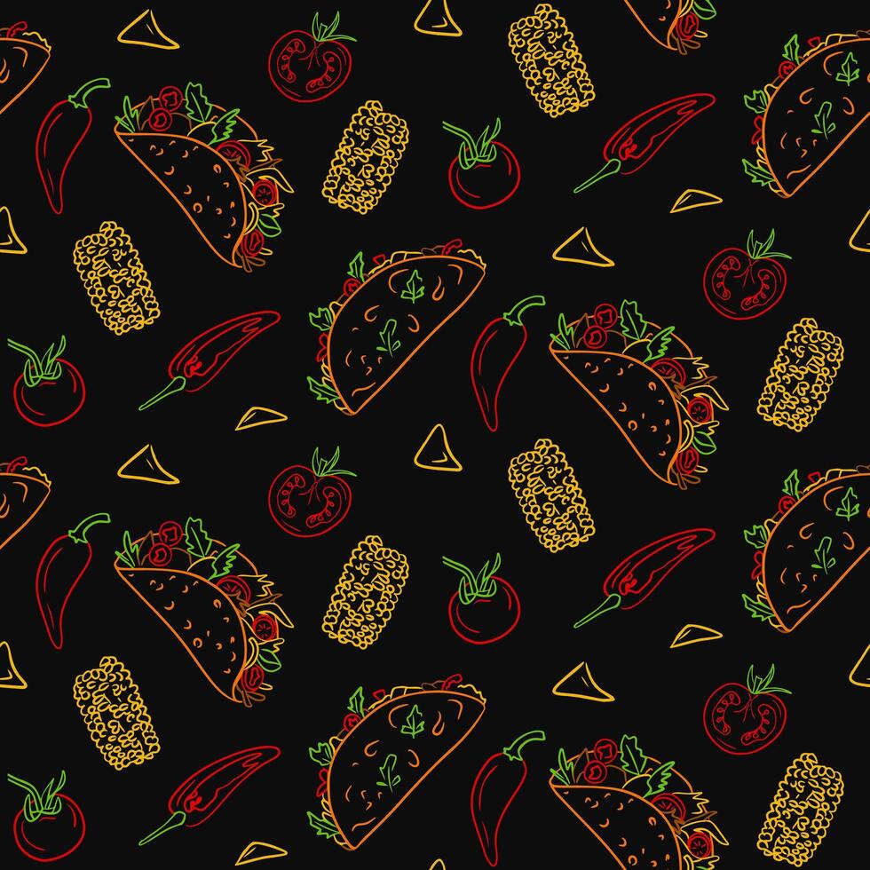 Seamless pattern with traditional Mexican food and ingredients. Vector contour drawings isolated on black background. Unique retro print design for textile, wallpaper, interior, wrapping. Dark theme