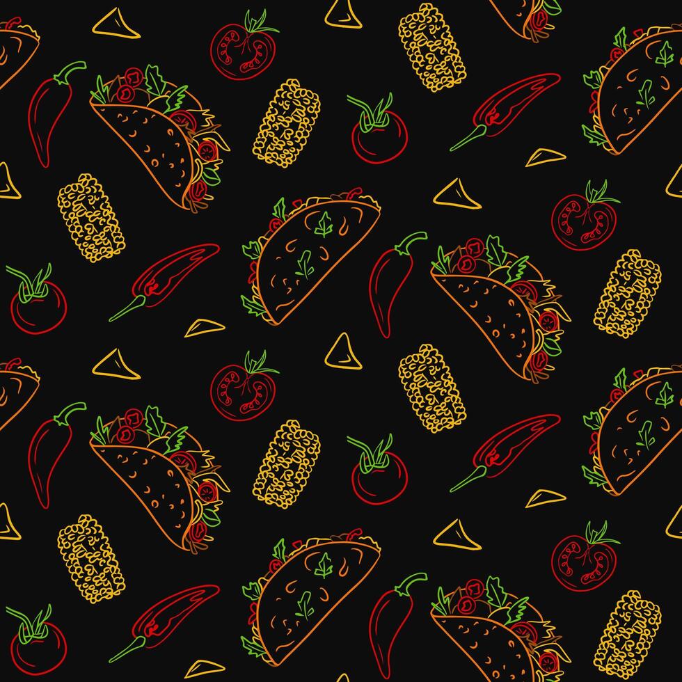 Seamless pattern with traditional Mexican food and ingredients. Vector contour drawings isolated on black background. Unique retro print design for textile, wallpaper, interior, wrapping. Dark theme