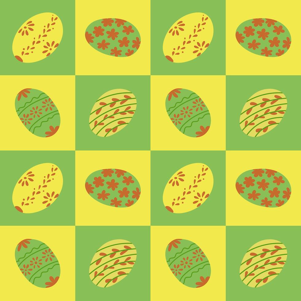 Easter pattern with squares shapes and easter eggs. Flat hand drawn decorated eggs in contrast squares. Unique retro print design for textile, wallpaper, interior, wrapping vector