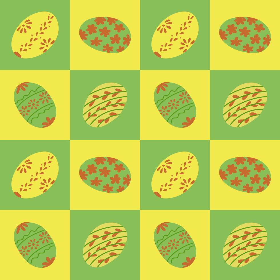 Easter pattern with squares shapes and easter eggs. Flat hand drawn decorated eggs in contrast squares. Unique retro print design for textile, wallpaper, interior, wrapping vector