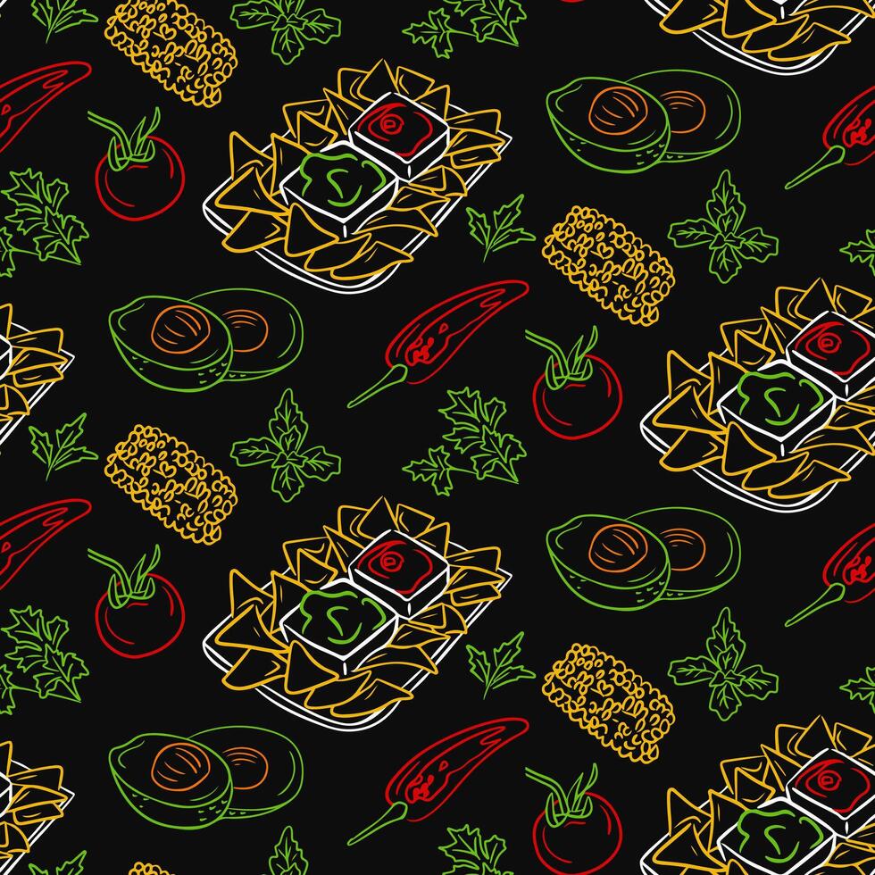 Doodle Mexican food seamless pattern. Dark theme. Vector contour drawings isolated on black background. Unique retro print design for textile, wallpaper, interior, wrapping