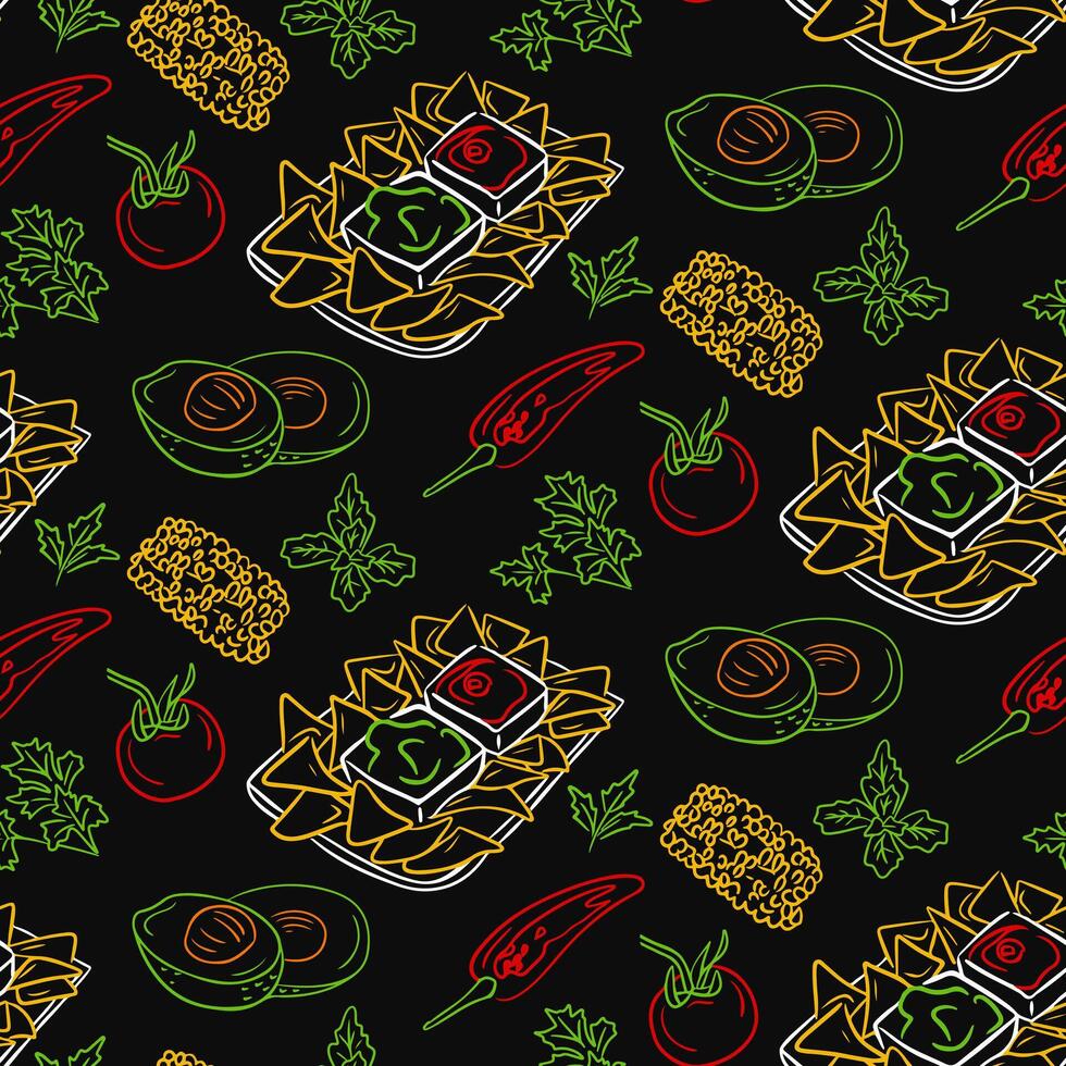 garabatear mexicano comida sin costura modelo. oscuro tema. vector contorno dibujos aislado en negro antecedentes. único retro impresión diseño para textil, fondo de pantalla, interior, envase