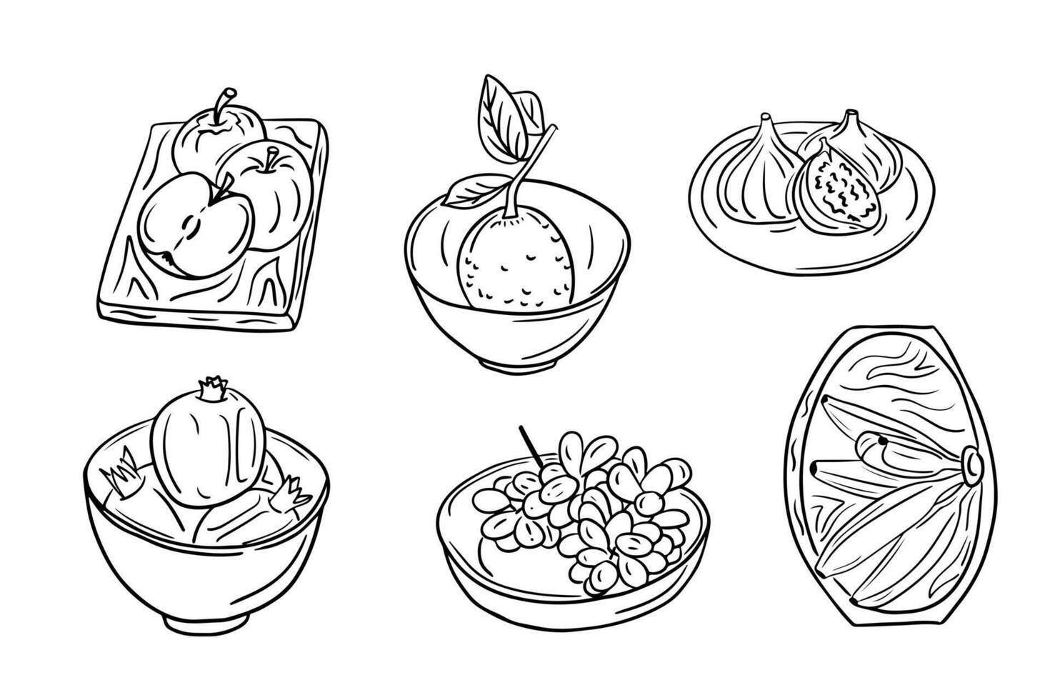 Collection of sketchy drawings of fruits on plates. Vector black outline sketchy drawings of groups of fruits on white background. Ideal for coloring pages, tattoo, pattern