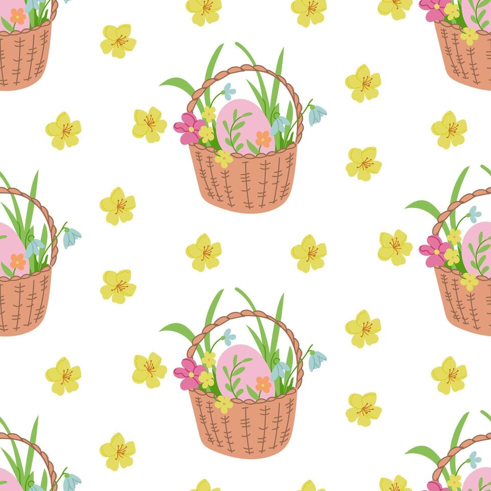 Easter basket seamless pattern with flowers. Flat hand drawn colored elements on white background. Unique retro print design for textile, wallpaper, interior, wrapping. Easter holiday concept vector