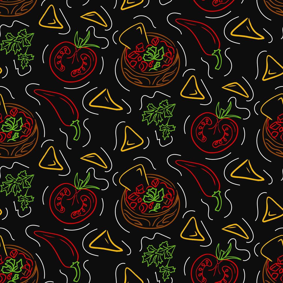 Sketchy Mexican food seamless pattern. Dark theme. Vector contour drawings isolated on black background. Unique retro print design for textile, wallpaper, interior, wrapping