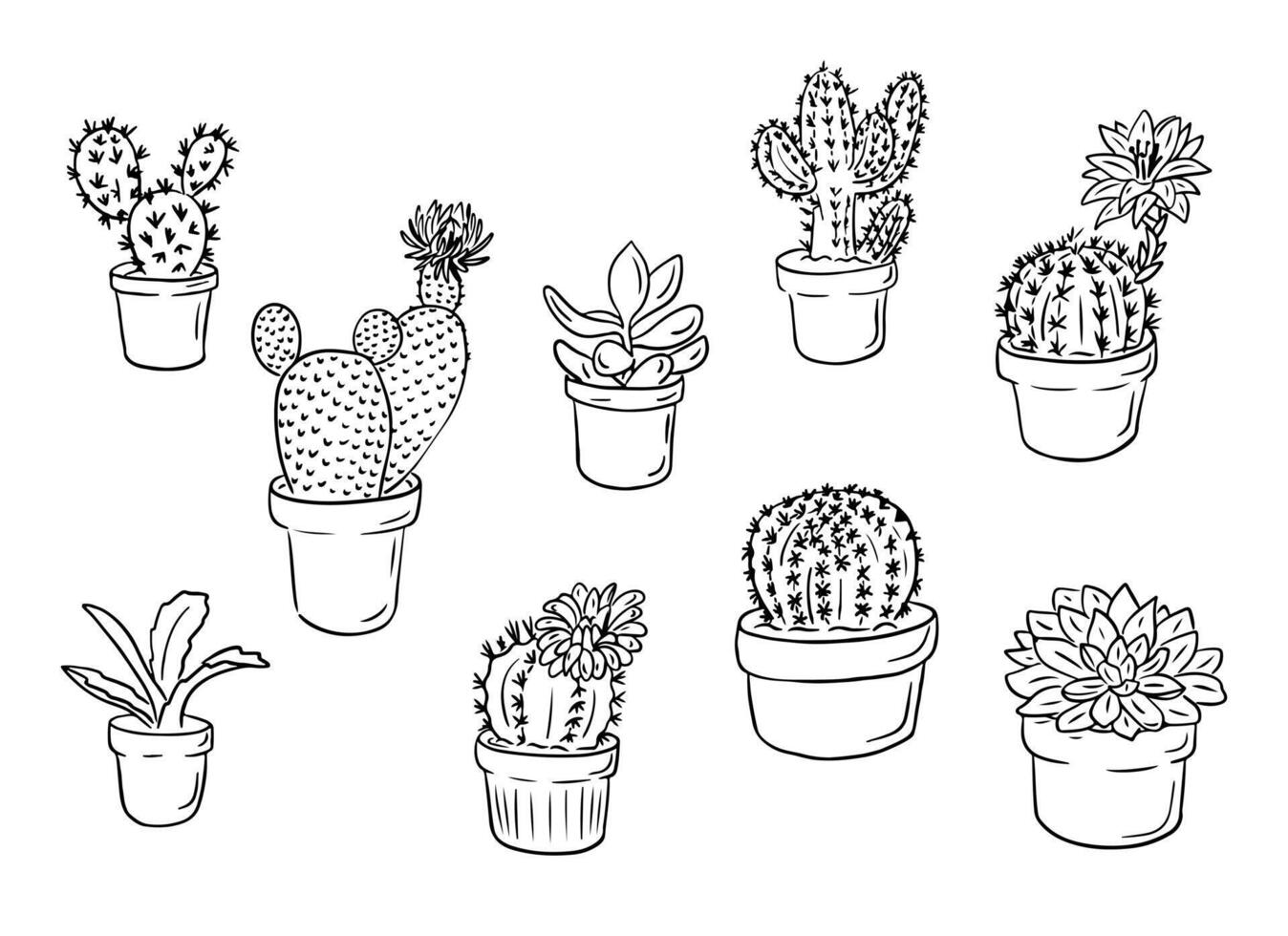 Black hand drawn sketchy drawings of cactuses in pots. Vector contour drawings isolated on white background. Ideal for coloring pages, tattoo, pattern