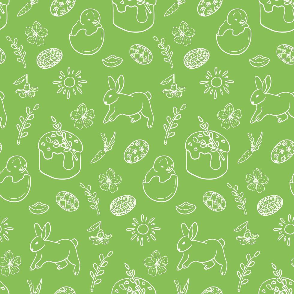Easter outline seamless pattern with Easter cake. White doodle Easter bunny, basket, easter eggs and swallow on green background. Spring holiday design for decoration, wrapping, banner vector