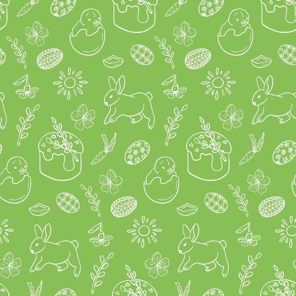 Easter outline seamless pattern with Easter cake. White doodle Easter bunny, basket, easter eggs and swallow on green background. Spring holiday design for decoration, wrapping, banner vector