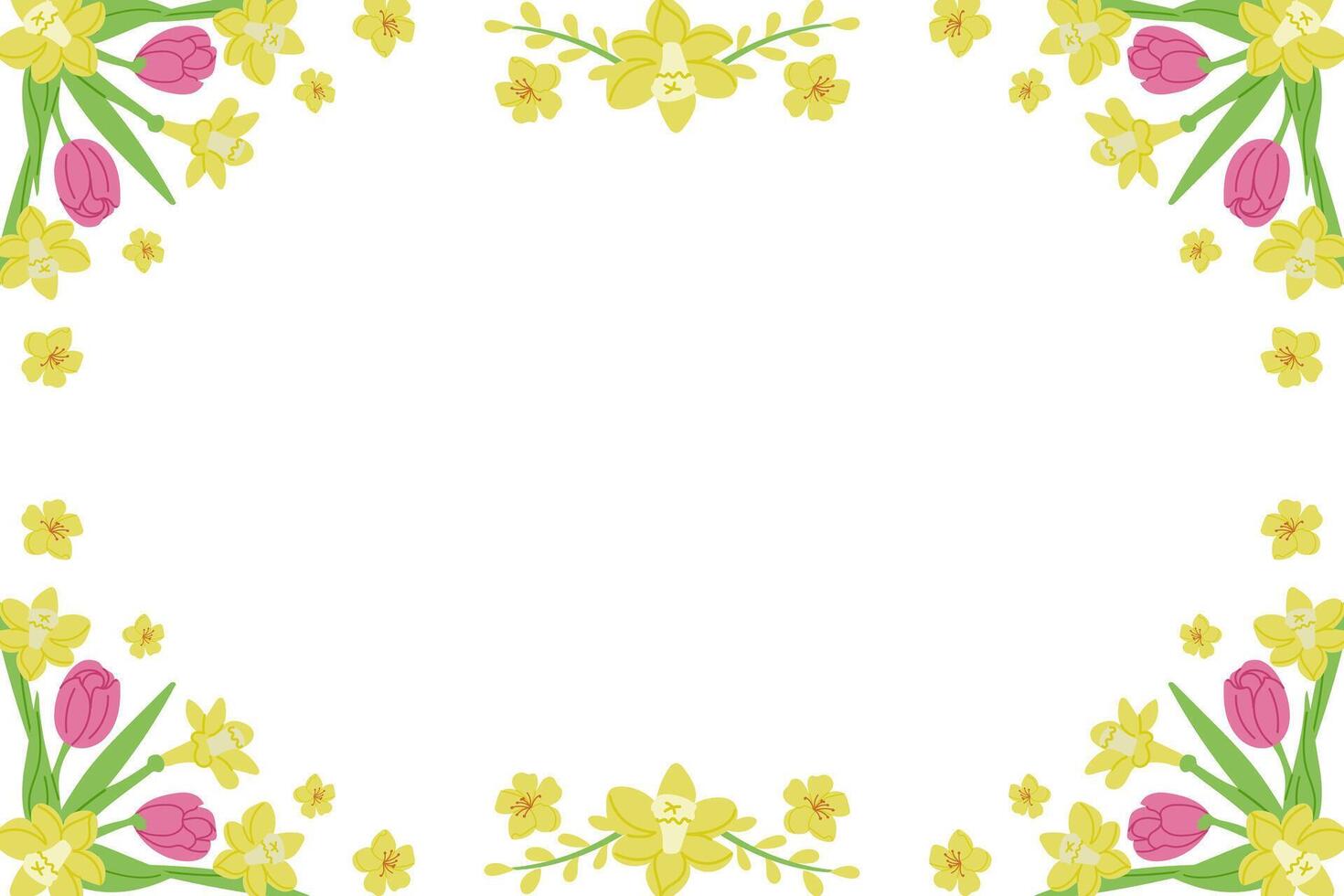 Spring horizontal banner for social media on white background. Frame template or design print with tulips and daffodils. Good for banner, background, social media graphics vector