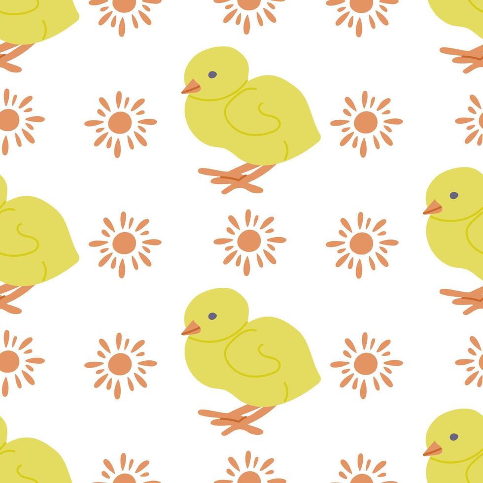 Cute Easter chick with sun seamless pattern. Flat hand drawn colored elements on white background. Unique retro print design for textile, wallpaper, interior, wrapping. Easter holiday concept vector