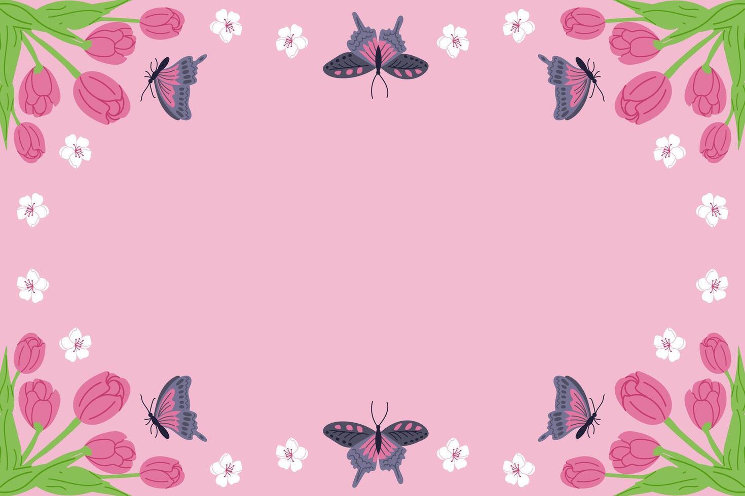 Horizontal background with spring flowers and butterflies. Frame template or design print with tulips and cherry blossom on pink background. Good for banner, background, social media graphics vector