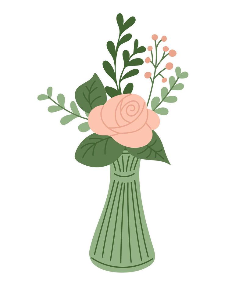 Flat illustration with abstract flowers in modern vase. Flat hand drawn colored elements on white background. Unique print design for printout, poster, interior. Spring modern concept vector
