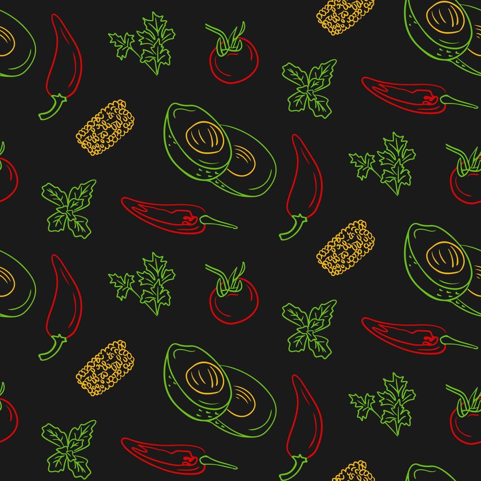 Pattern with popular vegetable Mexican ingredients. Vector contour drawings isolated on black background. Unique retro print design for textile, wallpaper, interior, wrapping