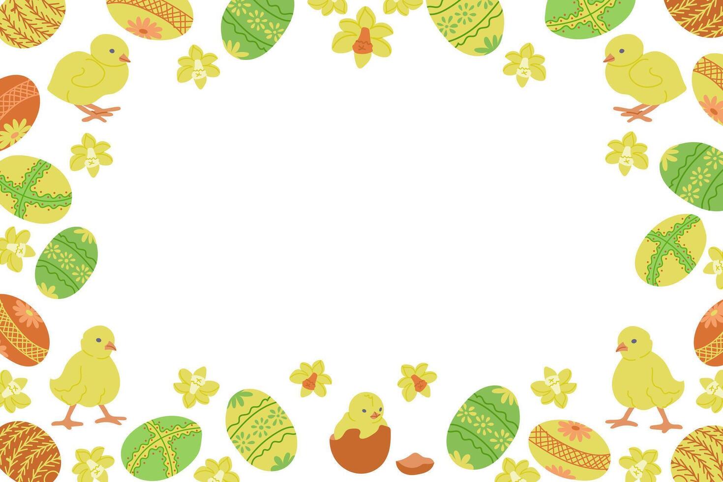 Easter horizontal banner for social media. Frame template or design print with Easter basket and easter eggs on white background. Good for banner, background, social media graphics vector