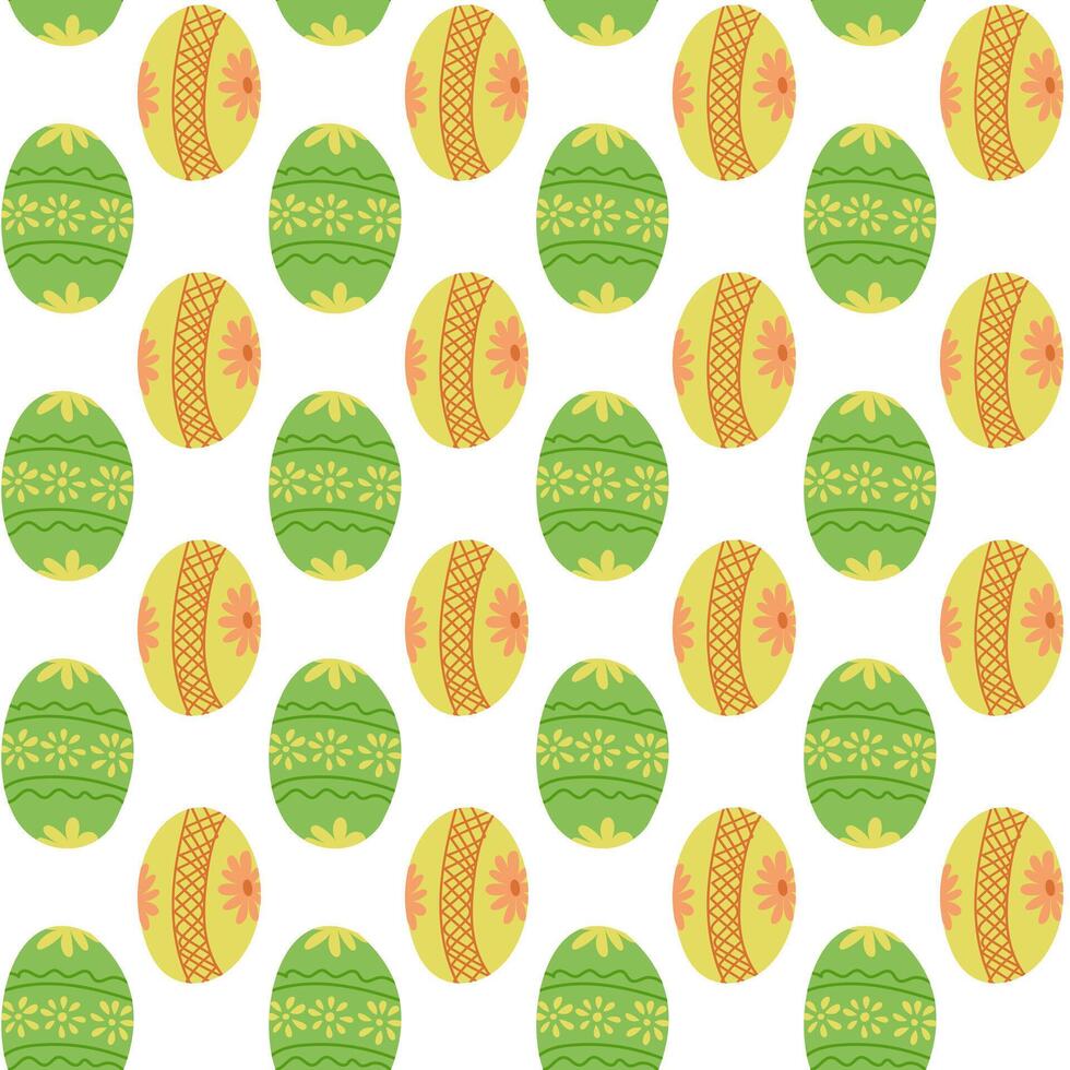Easter seamless pattern with easter eggs on white background. Flat colored decorated eggs isolated. Unique retro print design for textile, wallpaper, interior, wrapping vector