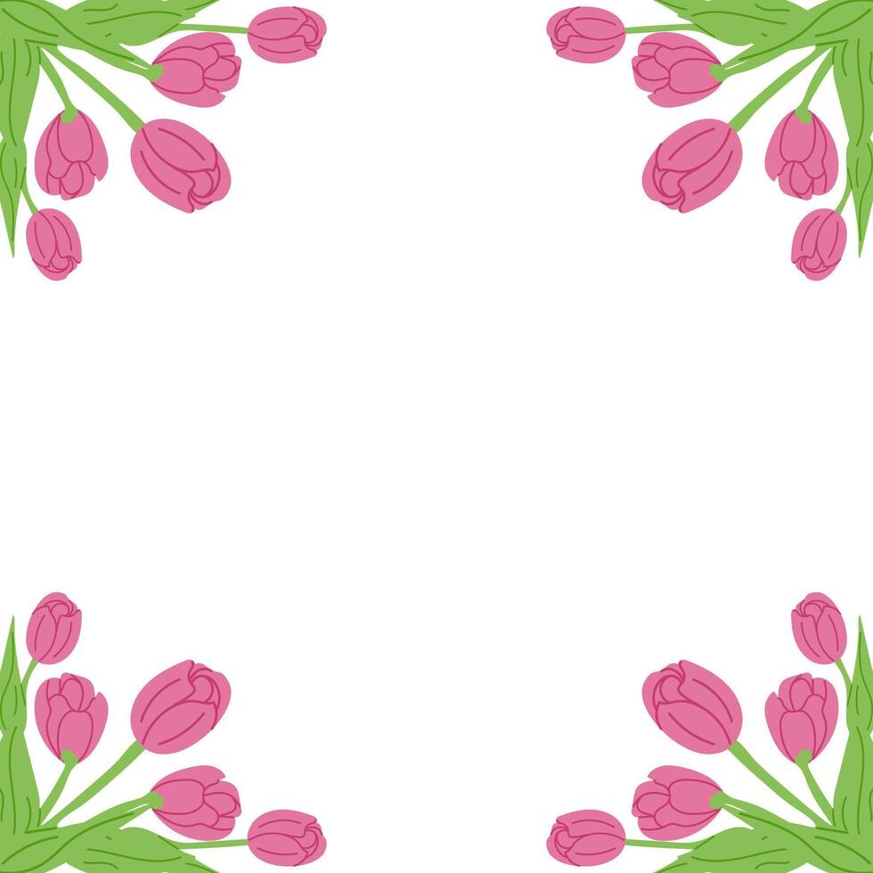 Square banner for social media with tulips on white background. Good for banner, background, social media graphics. Frame template or design print with tulips and daffodils vector