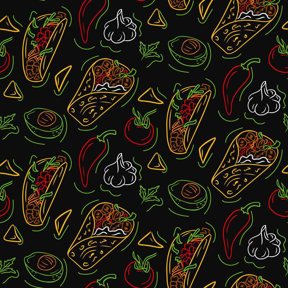 Traditional Mexican food seamless pattern. Dark theme. Vector doodle contour drawings isolated on black background. Unique retro print design for textile, wallpaper, interior, wrapping