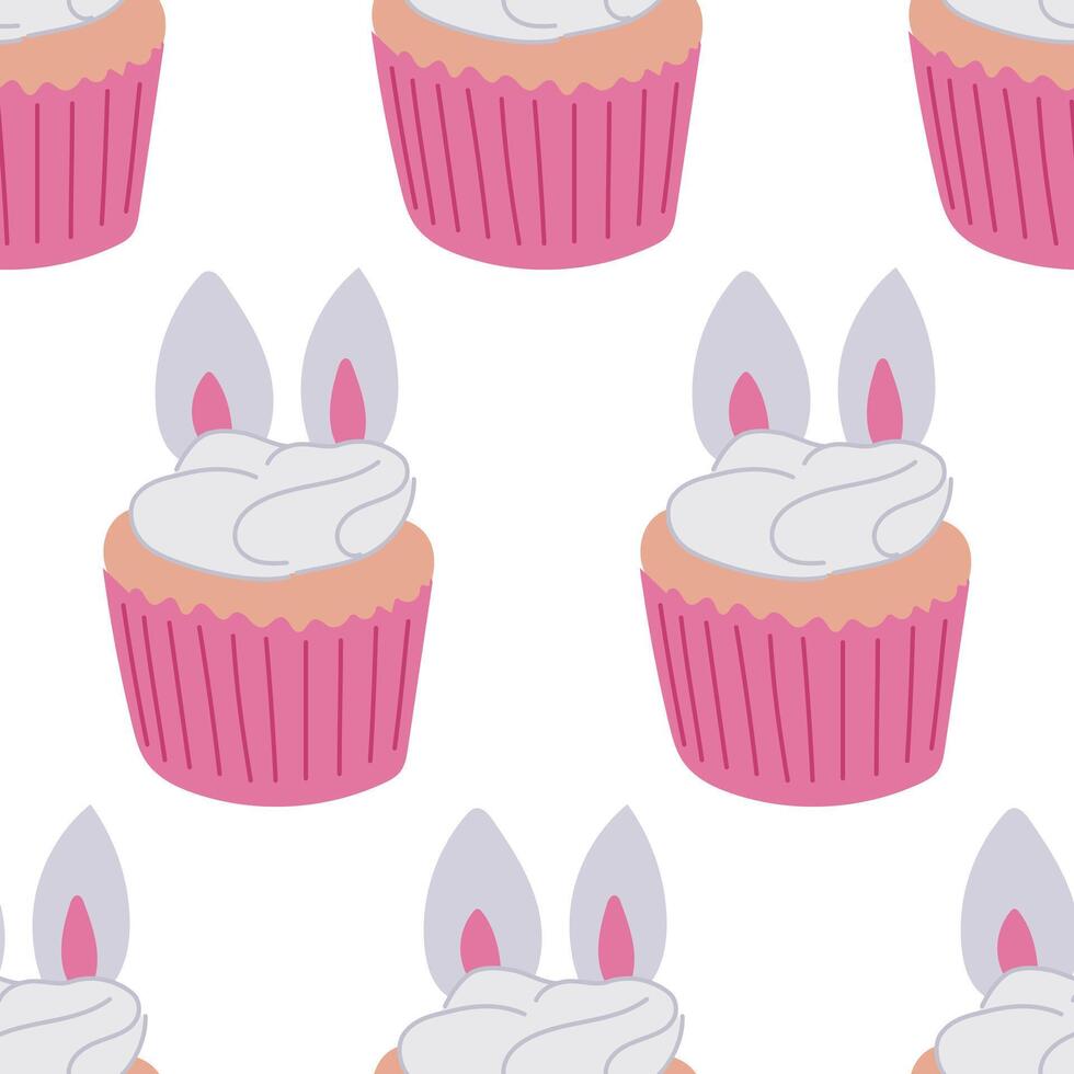 Easter cake decorated bunny ears seamless pattern. Flat hand drawn colored elements on white background. Unique retro print design for textile, wallpaper, interior, wrapping. Easter holiday concept vector