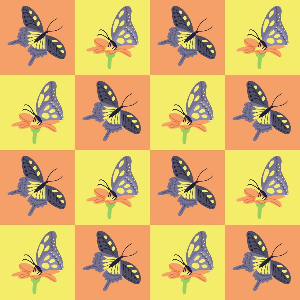 Butterfly contrast geometric seamless pattern. Flat hand drawn insects in contrast squares. Unique retro print design for textile, wallpaper, interior, wrapping. Spring concept vector