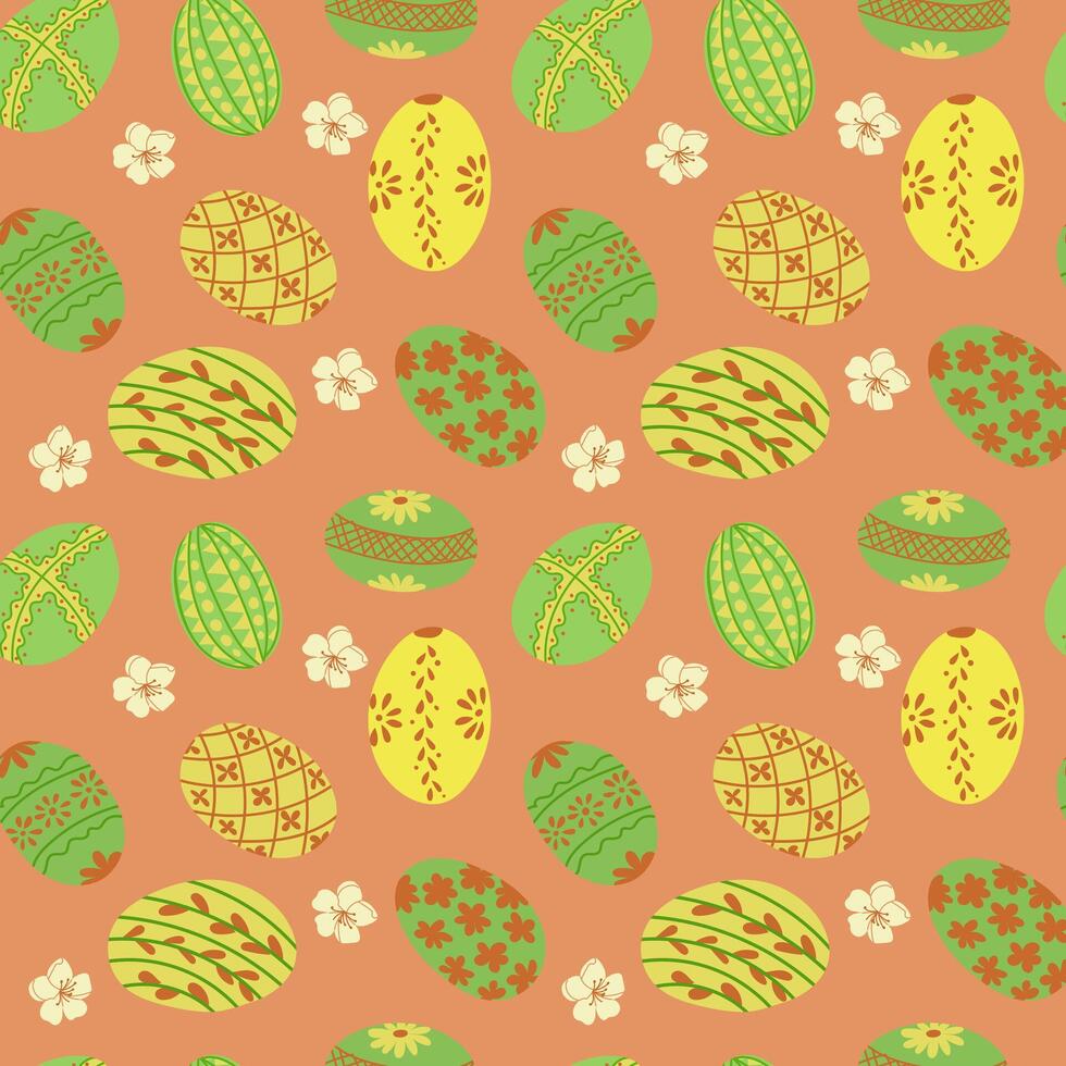 Easter flat colored seamless pattern with eggs. Flat colored decorated eggs with flowers on orange background. Unique retro print design for textile, wallpaper, interior, wrapping vector