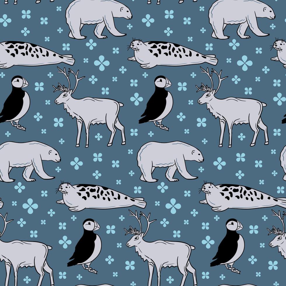 Arctic seamless pattern with animals and bird. Contrast contour doodle objects on blue background. Trendy print design for textile, wallpaper, wrapping, background vector