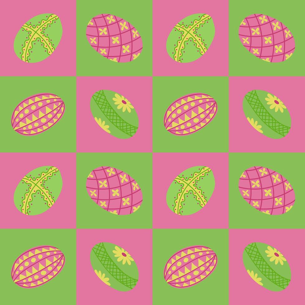 Easter contrast geometric pattern with easter eggs. Flat hand drawn decorated eggs in contrast squares. Unique retro print design for textile, wallpaper, interior, wrapping vector
