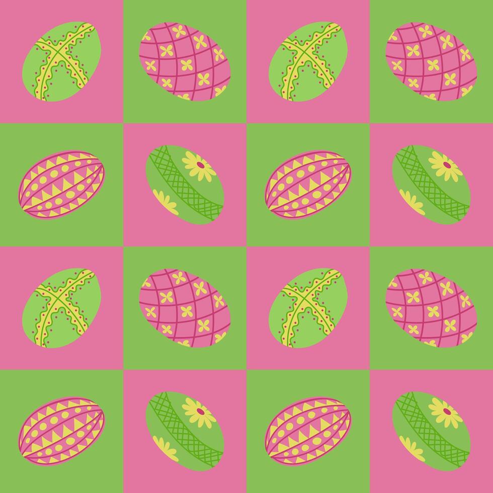 Easter contrast geometric pattern with easter eggs. Flat hand drawn decorated eggs in contrast squares. Unique retro print design for textile, wallpaper, interior, wrapping vector