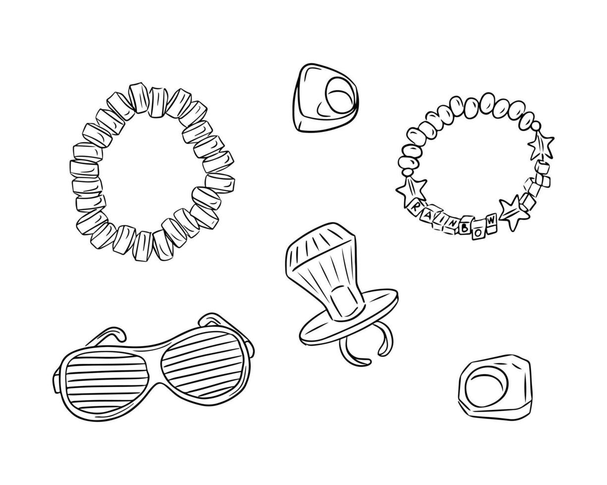 Black outline sketchy drawings of accessories from 90s. Vector hand drawn outline doodle drawings isolated on white background. Retro concept. Ideal for coloring pages, tattoo, sticker