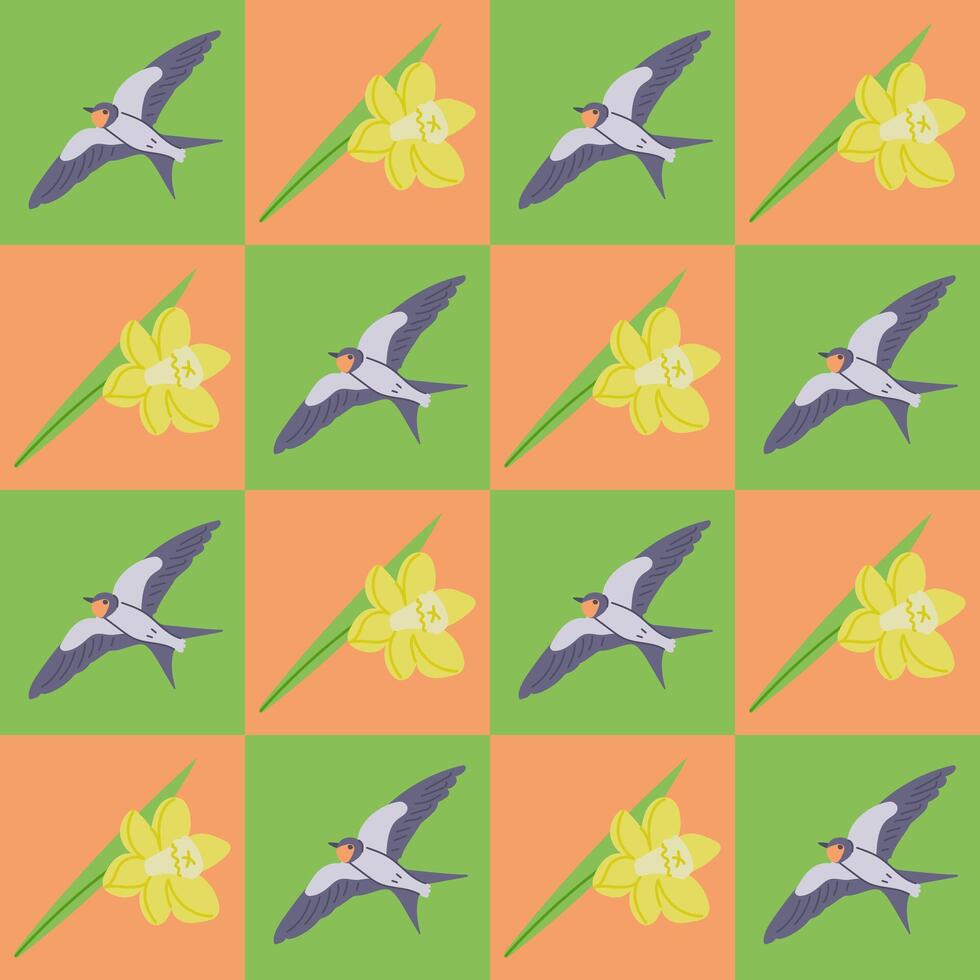 Swallow and daffodil contrast seamless pattern. Flat hand drawn bird and flower in contrast squares. Unique retro print design for textile, wallpaper, interior, wrapping. Spring concept vector