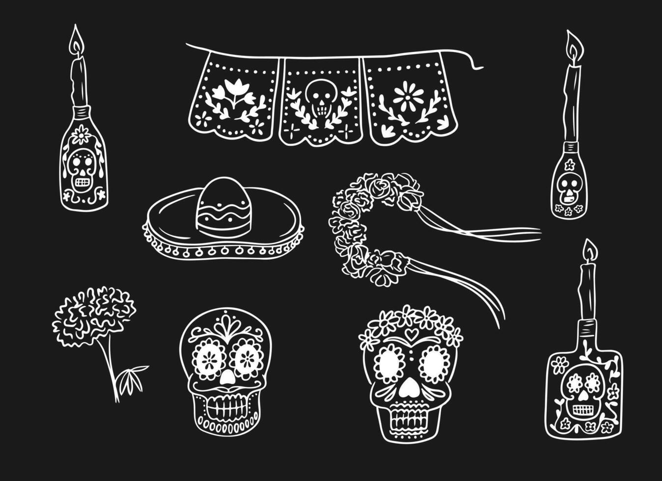 Doodle contour set of items related to Dead day. Vector white outline drawings on black background. Ideal for decoration, stickers, tattoo, pattern