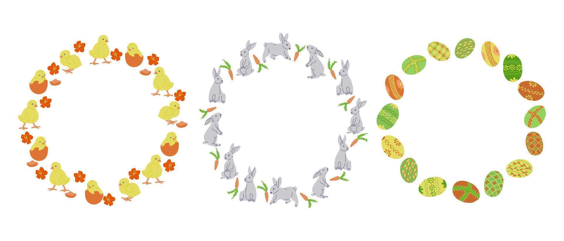 Easter wreaths with Easter eggs, bunnies and chicks. Spring holiday concept. Sketchy hand drawn elements on white background. Ideal for as template for greetings, banner and background vector