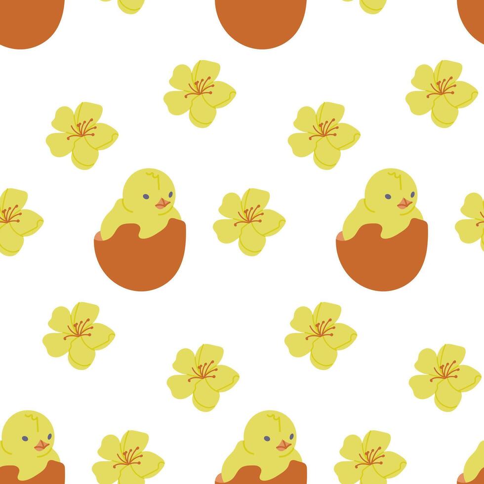 Easter chick in eggshell with flowers seamless pattern. Flat hand drawn colored elements on white background. Unique retro print design for textile, wallpaper, interior, wrapping vector