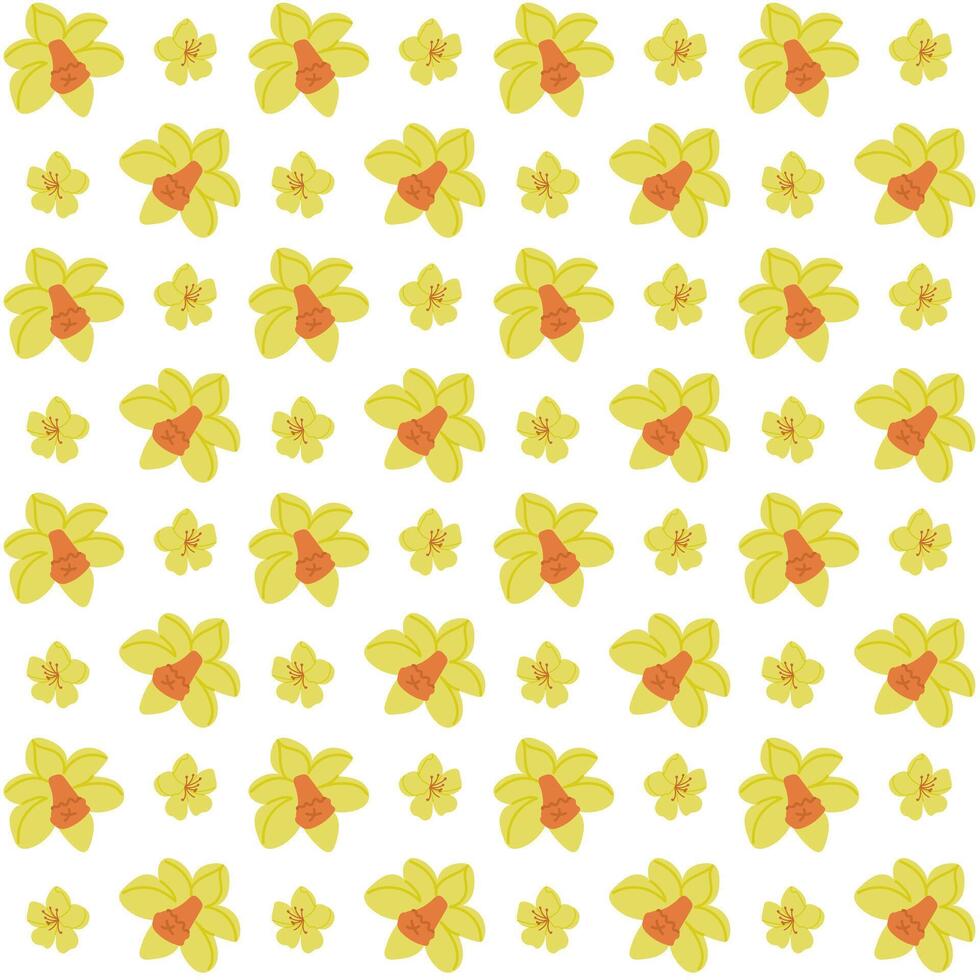 Spring seamless pattern with yellow daffodils. Flat hand drawn colored elements on white background. Unique print design for textile, wallpaper, interior, wrapping vector