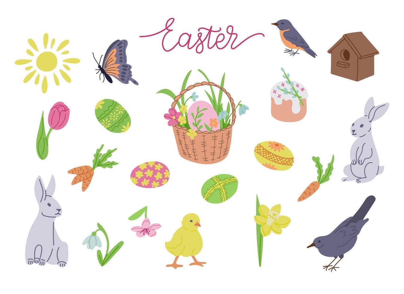 Big Easter set with traditional items and easter eggs. Spring concept. Sketchy hand drawn elements on white background. Ideal for decoration, stickers, greetings, banner and background vector